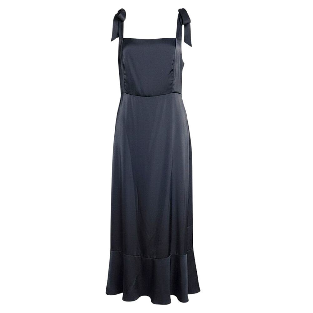 Black Satin Feel Maxi Dress XL Side Slit Tie Straps NWOT